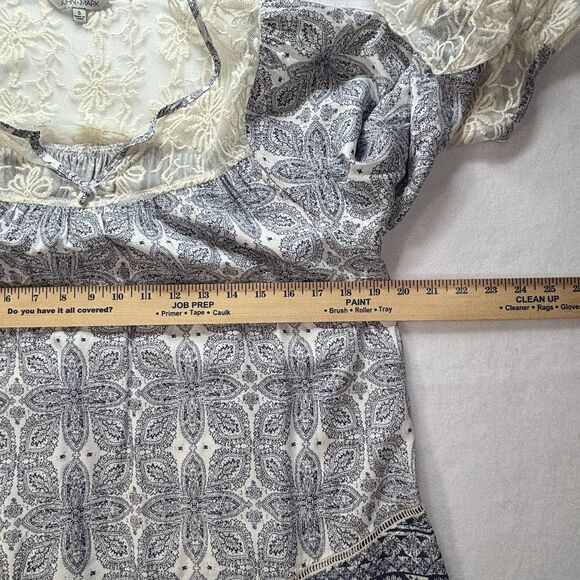 John Mark Peasant Mini Dress 3/4 Bell Sleeve Lace Detail On Blue - Picture 8 of 12